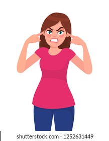 Angry woman covering ears with hands. Girl plugs his ears with his fingers. Fear of loud sounds and unpleasant loud noise. Human emotion concept illustration in vector cartoon style.