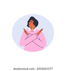 Angry woman with dissatisfied face make crossed hand refusal gesture. Upset girl show no or stop gesture. Non-verbal communication and negative emotion, prohibition vector flat illustration
