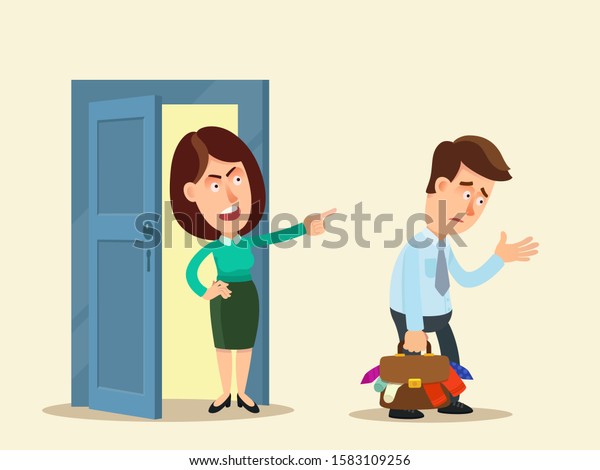 Angry woman drives her husband out of home. An
upset boyfriend leaves home with personal items in bag. Broken
relations. Wife show hand gesture - go away. Vector illustration,
flat, cartoon, isolated.