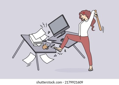 Angry woman employee crash office table suffer from nervous breakdown at workplace. Furious businesswoman break furniture in cabinet having burnout. Vector illustration. 