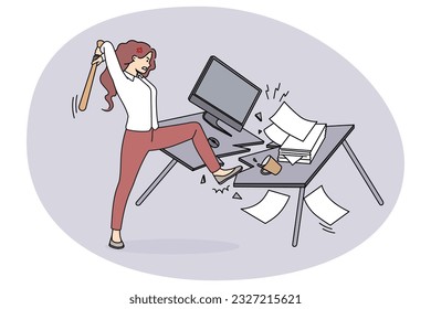 Angry woman employee crash office table suffer from nervous breakdown at workplace. Furious businesswoman break furniture in cabinet having burnout. Vector illustration.