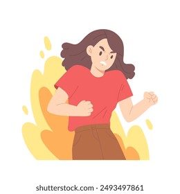 Angry woman is expressing her furious emotion. Concept of anger, mental health, feeling, fury, mad, emotional explosion, stressed. Frustrated gesture. Flat vector illustration character.