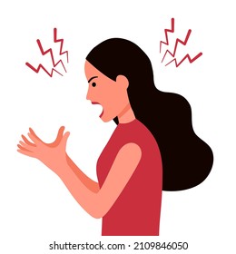 Angry woman expression character on white background in flat design. Anger emotion. Negative mood.