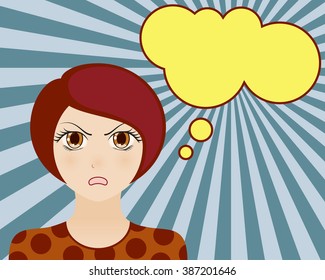 Angry woman face. Manga style. Comic girl with speech bubble for your text. Brown hair and brown eyes. Radiant blue background. Vector illustration.