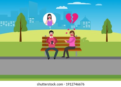 Angry woman in face mask looking at her husband using mobile phone while texting and thinking about women