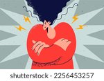 Angry woman feel furious and emotional. Girl showing fury and anger. Mad female with arms crossed. Vector illustration. 