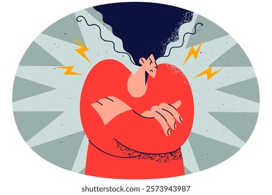 Angry woman feel furious and emotional. Girl showing fury and anger. Mad female with arms crossed. Vector illustration.