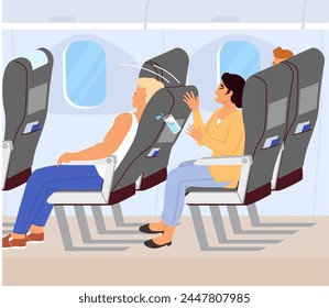 Angry woman feeling discomfort inattentive passenger vector illustration. Frustrated furious female dropping glass of water due to male character sitting in front who reclining his seat