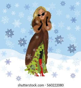 Angry woman in fur coat