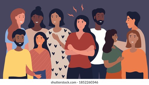 Angry woman in a gathering of diverse people standing in the middle of the smiling group with folded arms fuming, colored flat cartoon vector illustration with fictional characters