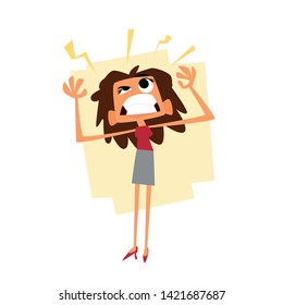 Angry woman gritting her teeth with rage, furious. Bad mood. Vector illustration on white background