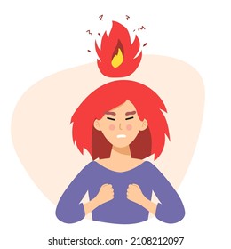 Angry woman. Head Vector illustration of anger, fury, annoyance. Anger, stressed Burnout, stress, emotional problem abstract concept. Burning brain. flame. flat character Depressed or mental illness.