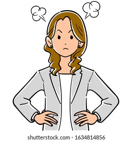 An angry woman with her hand on her waist, upper body of a business woman wearing a gray jacket