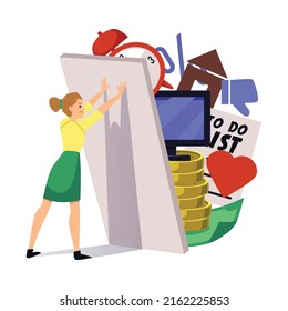 Angry woman holding falling fall with burden of life, flat vector illustration isolated on white background. Female cartoon character overwhelmed with debts, taxes, deadlines and plans.