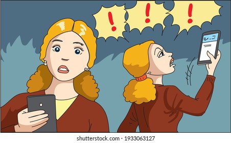 Angry woman holding her phone, lost signal, vector .