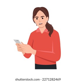 angry woman holding her phone, lost signal vector. Flat vector illustration isolated on white background