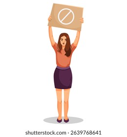 Angry woman holding a protest sign with a prohibition symbol, cartoon style on white background. Concept of activism and demonstration. Vector illustration