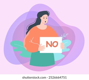 Mulher brava segurando sinal com palavra não. Personagem feminina protestando ou mostrando desaprovação ilustração vetor plana. Protestar, conceito de proibição para banner, design de site ou landing page