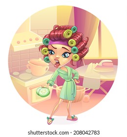Angry woman housewife preparing breakfast, lunch, dinner, dressed in a pink gown. Skin care facial mask cucumber curlers.  Vector clip art