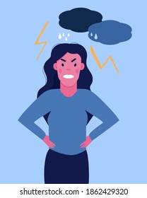 Angry woman with irritated face expression illustration.Resentment and indignation concept.Nervous girl has hysteria.Grumpy,aggressive and negative emotions.Vector in flat style.Flash lights and cloud