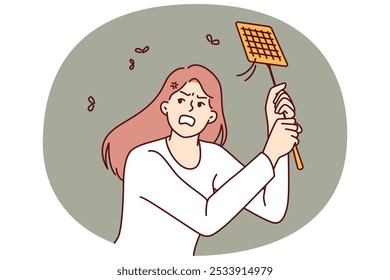 Angry woman kills mosquitoes using swatter feeling irritated due to insects disturbing sleep on summer night. Girl with swatter is annoyed by camaras and maskites and needs electric fumigator