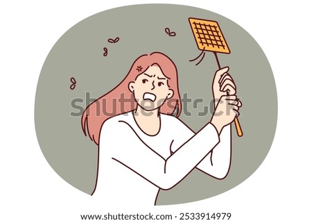 Angry woman kills mosquitoes using swatter feeling irritated due to insects disturbing sleep on summer night. Girl with swatter is annoyed by camaras and maskites and needs electric fumigator