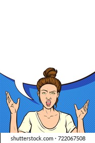 Angry woman with large speech bubble. Vector pop art comic book illustration. Some elements on separate layers. 