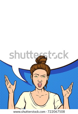 Angry woman with large speech bubble. Vector pop art comic book illustration. Some elements on separate layers. 