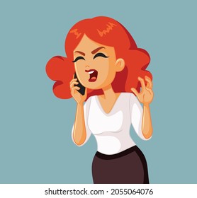 Angry Woman Making a Phone Call Vector Illustration. Unhappy customer calling and complaining about problems and dissatisfaction with the service
