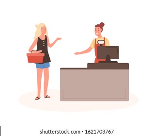 Angry Woman At Mall Checkout Flat Vector Illustration. Female Displeased Customer Standing In Queue Cartoon Characters. Girl With Shopping Basket At Cashier Desk. Seller And Buyer Arguing.