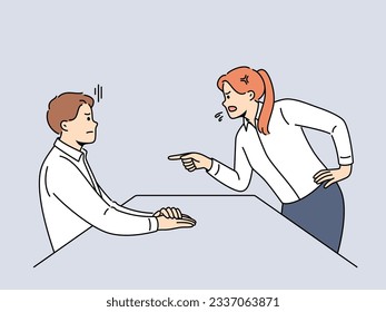 Angry woman manager scolding subordinate yelling at man who made mistake or violated deadline. Aggressive girl manager arguing with colleague sorting things out and insulting for lack of results