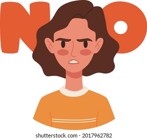 Angry woman, No word. Young girl protested, stress, fear. No means no concept, stop here. Flat character avatar icon design vector illustration. Feminism, protest activism