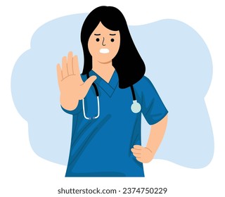 angry woman nurse expression displeased estend hand to stopping or disagree