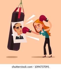 Angry Woman Office Worker Character Beat Photo Boss Ex Husband Colleague. Employee Relationship Discrimination Problems Concept Isolated Flat Cartoon Graphic Design Illustration