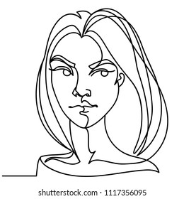 Angry Woman One Line Art Portrait. Unhappy Female Facial Expression. Hand Drawn Linear Woman Silhouette. Vector illustration