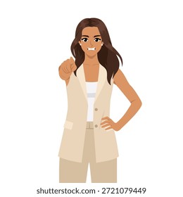 Mujer Enojada Apuntando Hacia Adelante, Advertencia Asertiva. Ilustración de personaje de Vector plano