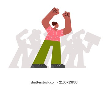 An angry woman at a protest.  African American woman at a rally. Feminism. Girl Power. Flat vector illustration isolated on white background. 