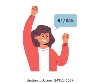 Angry woman protesting at a political meeting, feminist girl. A girl shouting obscenities and waving her arms. Vector isolated flat illustration.