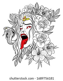 Angry woman with red tongue a snake and flowers. Graphic design tattoo 