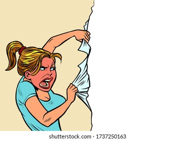 Angry woman rips paper wall. Comics caricature pop art retro vector illustration drawing