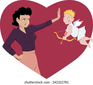 Angry woman saying no to Valentine's Day Cupid, vector illustration, no transparencies EPS 8