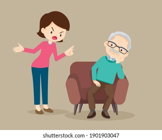 Angry woman scold to sad elderly. Aggressive woman screams at a scared elderly man. Stop domesic abuse.Family violence and aggression concept.