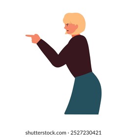 Angry Woman Scolding Someone. An illustration of an angry woman with a stern expression, pointing and scolding someone. Her body language and facial expression reflect frustration or blame