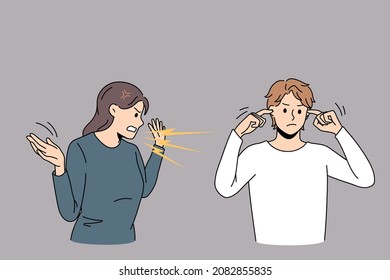 Angry woman scream yell at ignorant husband closing ears not to hear. Mad furious wife shout at man avoid ignore fight or quarrel. Family misunderstanding, breakup, divorce. Vector illustration. 