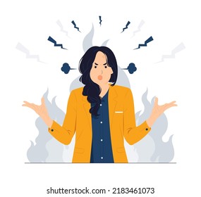 Angry woman screaming with brain explosion, stressed work, mad, upset,frustrated concept illustration