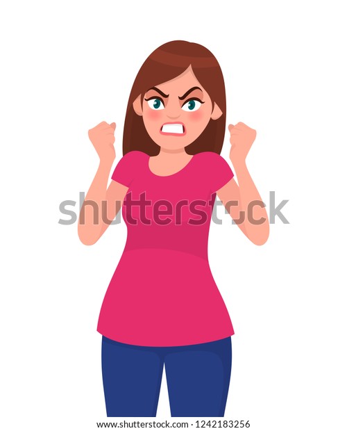 Angry Woman Screaming Raising Her Fists Stock Vector (Royalty Free ...