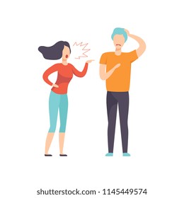 Angry woman screaming at young man, couple quarreling, family conflict, disagreement in relationship vector Illustration on a white background