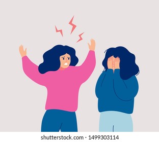 An angry woman screams at a crying woman who covers her face with her hands. People during conflict or disagreement. Flat cartoon vector illustration.