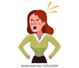 angry woman screams loudly. angry girl is angry. flat vector illustration.