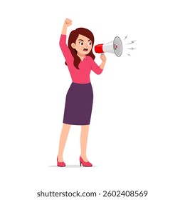 Angry Woman Shouting into Megaphone While Raising Her Arm in Protest Illustration Style